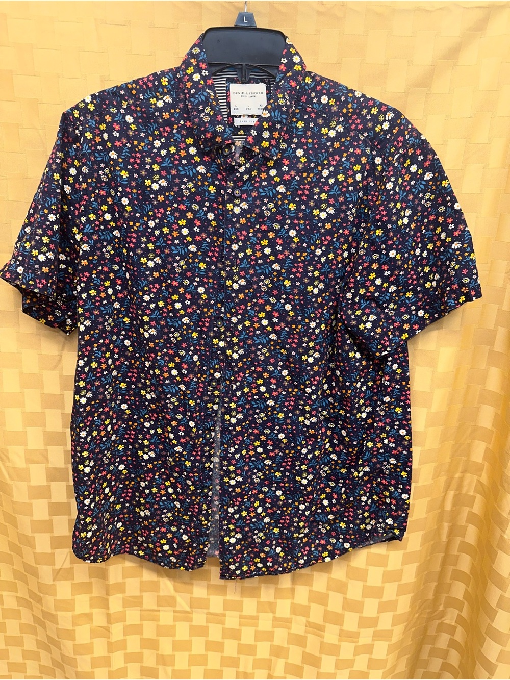 Denim & Flower Navy Short-Sleeve Button-Down Shirt with Multicolor Floral Print
